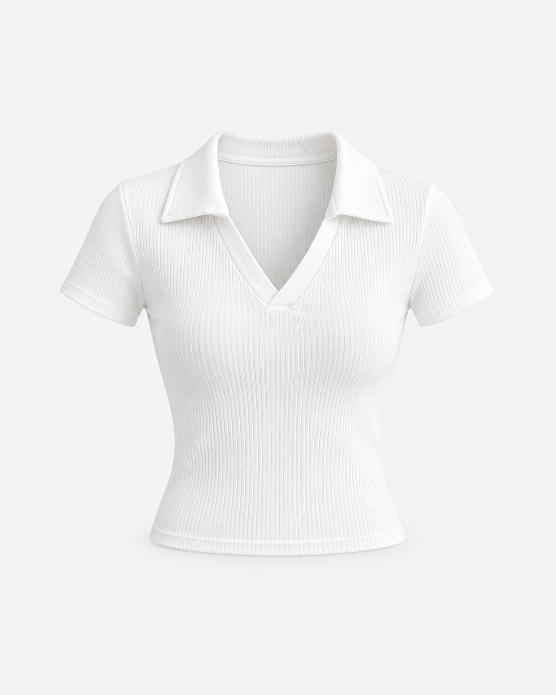 Front studio view of white women's ribbed V-neck polo
