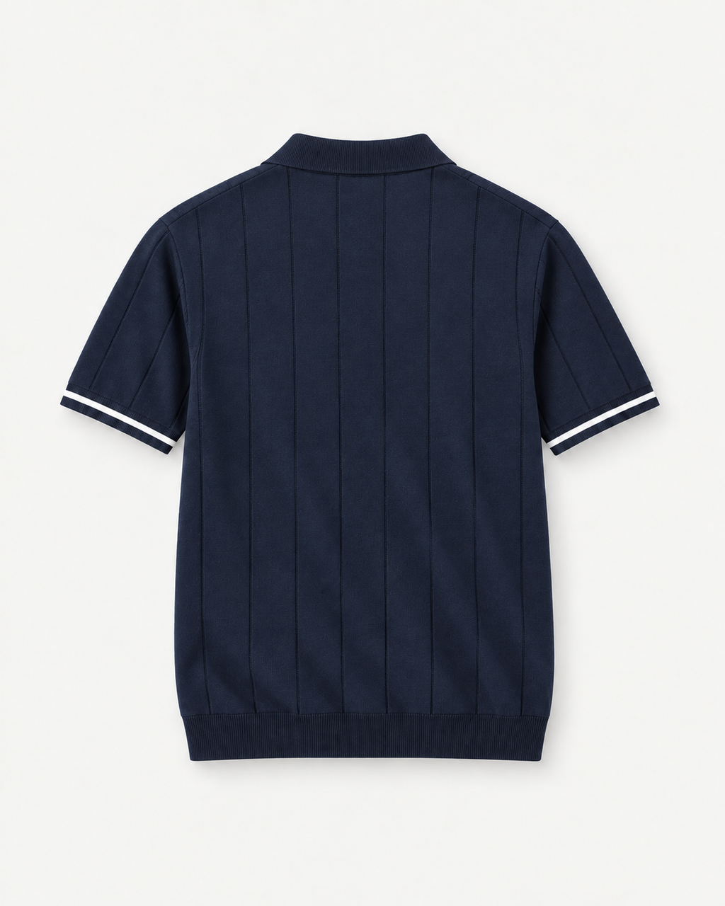 Navy textured short-sleeve zip polo, product-only back view