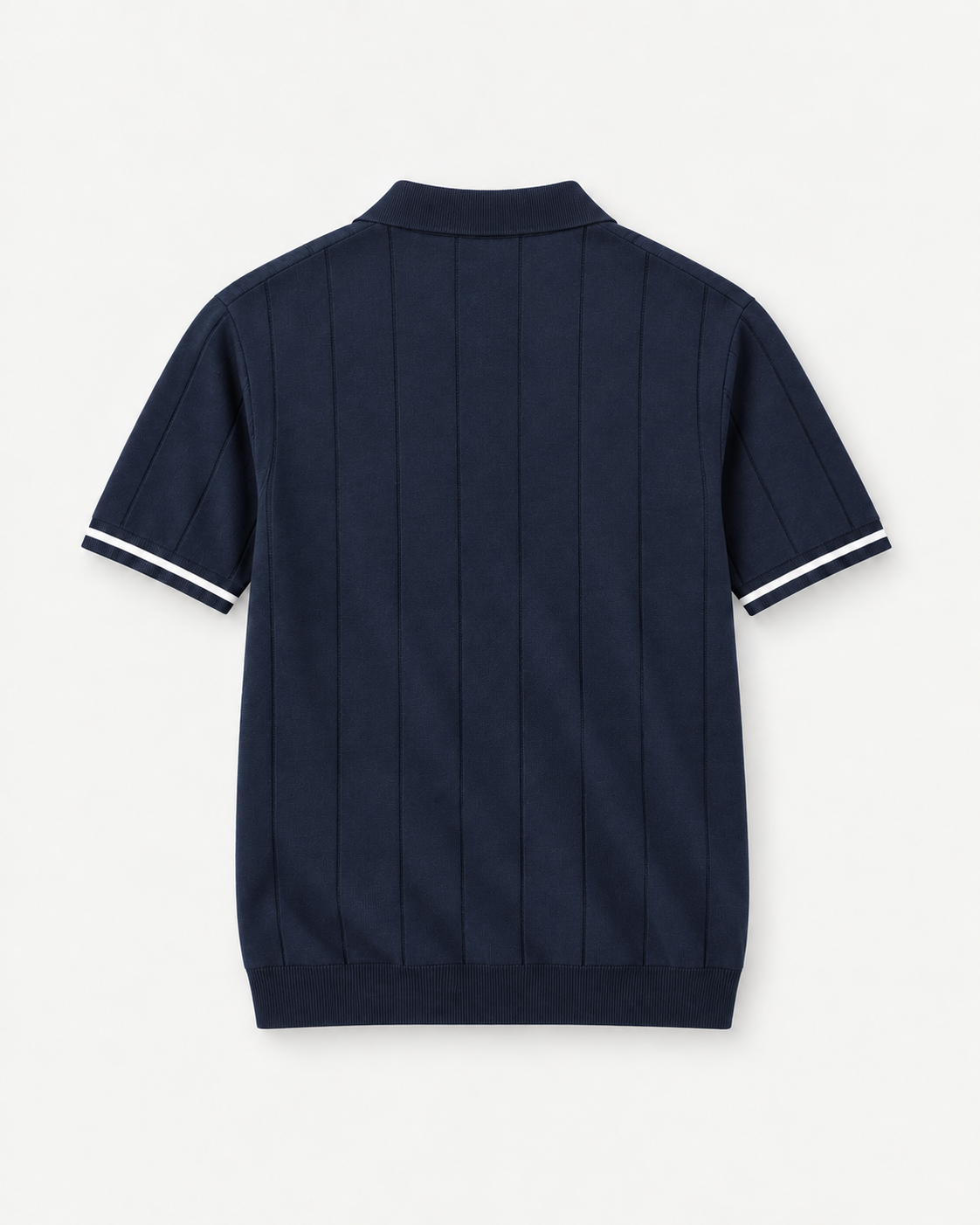 Navy textured short-sleeve zip polo, product-only back view