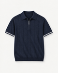 Navy textured short-sleeve zip polo, product-only front view