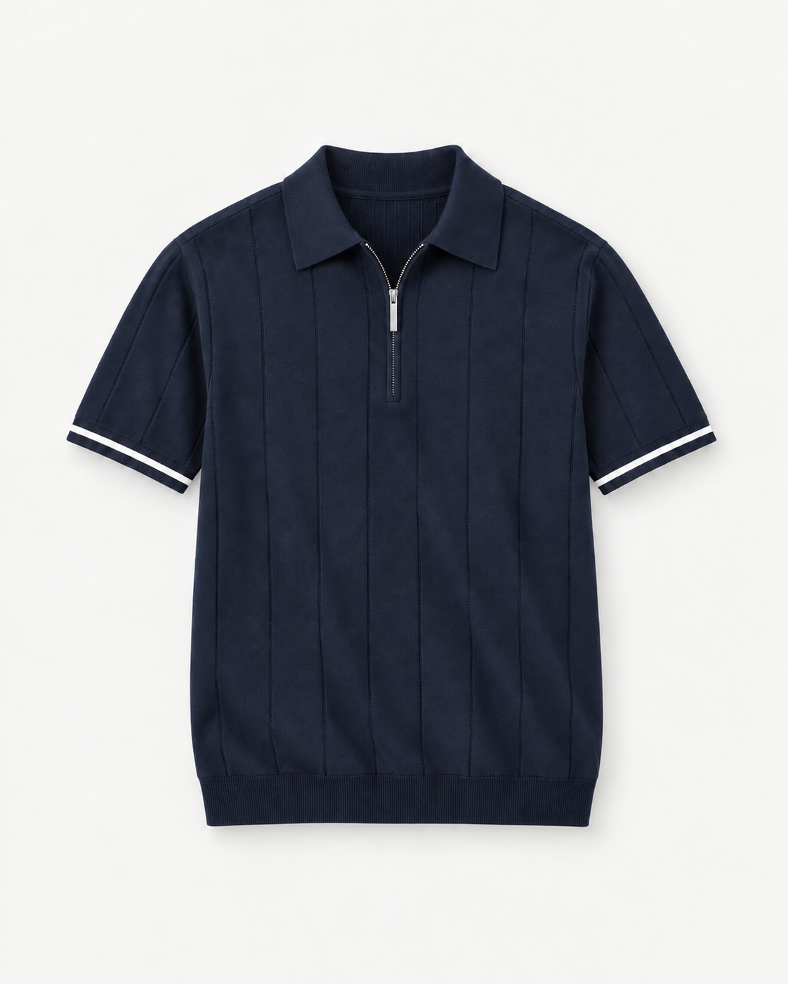 Navy textured short-sleeve zip polo, product-only front view