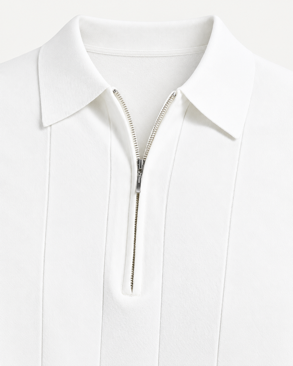 White textured zip polo, collar and silver zipper detail
